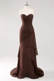 Vestido de Cerimónia Longo em Chiffon Castanho Escuro com Coração e Folhos