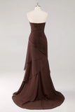 Vestido de Cerimónia Longo em Chiffon Castanho Escuro com Coração e Folhos