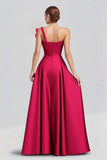 Vestido de Cerimónia Longo em Linha A com Um Ombro cor Fúcsia