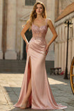 Vestido de Baile em Cetim Rosa Brilhante com Aplicações Corpete e Fenda