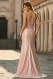 Vestido de Baile em Cetim Rosa Brilhante com Aplicações Corpete e Fenda