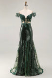 Vestido de Baile longo Verde Escuro Brilhante Ombros à Vista e Lantejoulas