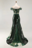 Vestido de Baile longo Verde Escuro Brilhante Ombros à Vista e Lantejoulas