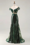Vestido de Baile longo Verde Escuro Brilhante Ombros à Vista e Lantejoulas