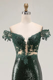 Vestido de Baile longo Verde Escuro Brilhante Ombros à Vista e Lantejoulas
