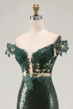 Vestido de Baile longo Verde Escuro Brilhante Ombros à Vista e Lantejoulas