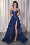 Vestido de Baile Longo Preto Sem Alças Linha-A Apliques e Fenda