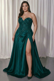 Vestido de Baile Longo Preto Sem Alças Linha-A Apliques e Fenda