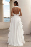 Branco Linha-A Cabeçada Chiffon Longo Vestido De Baile com Fenda