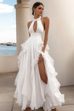 Branco Linha-A Cabeçada Chiffon Longo Vestido De Baile com Fenda