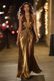 Gold Halter Metalizado Ruched Long Formal Dress wth Fenda