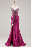 Vestido de Baile Longo Alças Finas Douradas Brilhantes Bordado com Miçangas