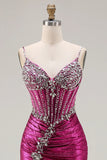 Vestido de Baile Longo Alças Finas Douradas Brilhantes Bordado com Miçangas