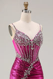 Vestido de Baile Longo Alças Finas Douradas Brilhantes Bordado com Miçangas