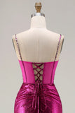 Vestido de Baile Longo Alças Finas Douradas Brilhantes Bordado com Miçangas