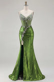 Vestido de Baile Longo Alças Finas Douradas Brilhantes Bordado com Miçangas