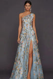 Vestido de Cerimónia Longo Floral Malva com Um Ombro e Fenda