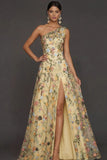 Vestido de Cerimónia Longo Floral Malva com Um Ombro e Fenda