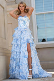 Vestido de Baile Azul com decote Coração Longo Camadas e Folhos