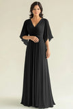 Agave Chiffon Mangas Flare Plissado Decote em V Mãe do Vestido da Noiva