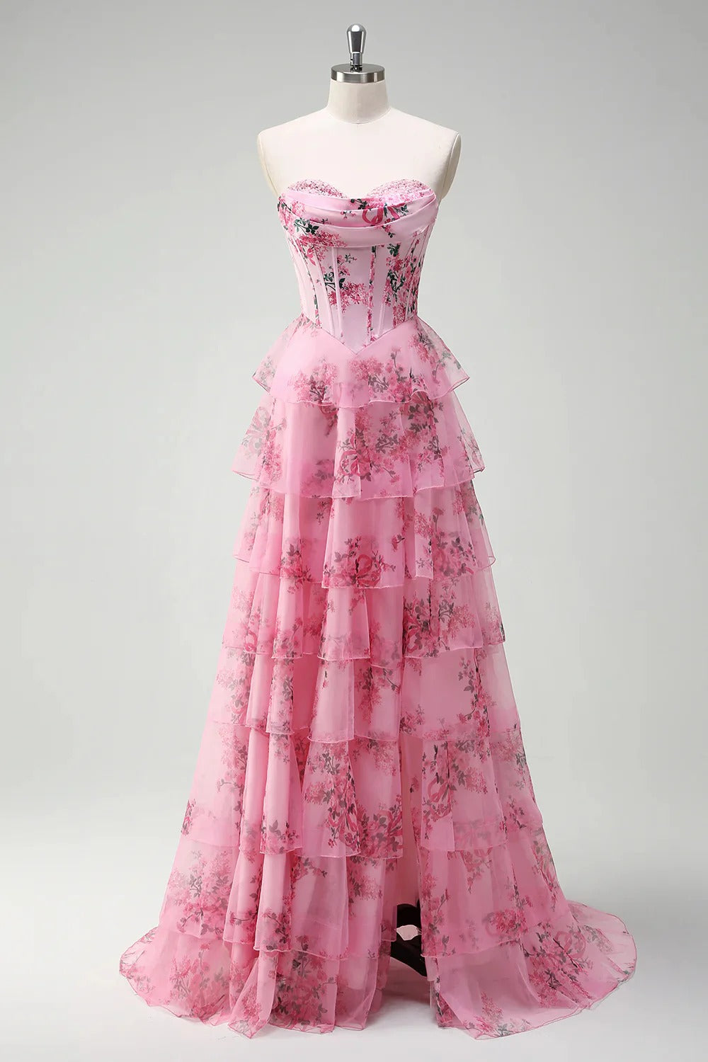 Vestido de Baile Azul com decote Coração Longo Camadas e Folhos