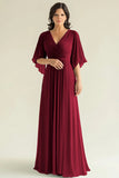 Agave Chiffon Mangas Flare Plissado Decote em V Mãe do Vestido da Noiva