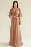 Agave Chiffon Mangas Flare Plissado Decote em V Mãe do Vestido da Noiva