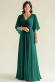 Agave Chiffon Mangas Flare Plissado Decote em V Mãe do Vestido da Noiva