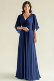 Agave Chiffon Mangas Flare Plissado Decote em V Mãe do Vestido da Noiva