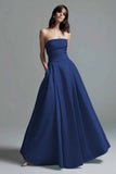 Vestido de Cerimónia Azul Celeste Sem Alças Linha-A Cetim com Bolsos