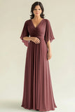 Agave Chiffon Mangas Flare Plissado Decote em V Mãe do Vestido da Noiva