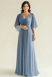 Agave Chiffon Mangas Flare Plissado Decote em V Mãe do Vestido da Noiva