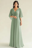 Agave Chiffon Mangas Flare Plissado Decote em V Mãe do Vestido da Noiva