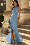 Vestido Longo de Dama de Honra Halter Salva-vidas Chiffon e Babados