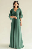 Agave Chiffon Mangas Flare Plissado Decote em V Mãe do Vestido da Noiva