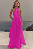 Vestido de Noivado Longo Sem Mangas com Decote Halter e Linha-A na cor Marfim