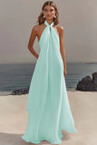 Vestido de Noivado Longo Sem Mangas com Decote Halter e Linha-A na cor Marfim