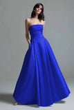 Vestido de Cerimónia Azul Celeste Sem Alças Linha-A Cetim com Bolsos