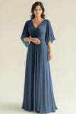 Agave Chiffon Mangas Flare Plissado Decote em V Mãe do Vestido da Noiva