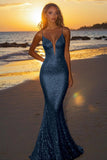 Vestido Longo Cerimónia Prateado Sereia Alças Finas Brilhantes e Lantejoulas