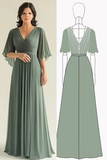 Agave Chiffon Mangas Flare Plissado Decote em V Mãe do Vestido da Noiva