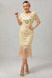 Sparkly Flapper Preto Dourado Lantejoulas Bodycon Fringed 1920s Vestido
