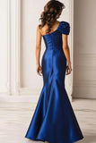 Vestido de Cerimónia Azul Escuro Cetim Sereia Um Ombro à Vista