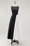 Vestidos Cerimónia Linha-A Midi Preto Branco Cetim Pescoço de Barco