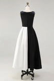 Vestidos Cerimónia Linha-A Midi Preto Branco Cetim Pescoço de Barco