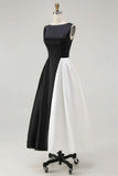 Vestidos Cerimónia Linha-A Midi Preto Branco Cetim Pescoço de Barco