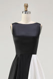 Vestidos Cerimónia Linha-A Midi Preto Branco Cetim Pescoço de Barco