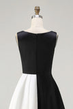 Vestidos Cerimónia Linha-A Midi Preto Branco Cetim Pescoço de Barco