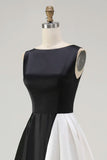 Vestidos Cerimónia Linha-A Midi Preto Branco Cetim Pescoço de Barco