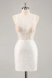 Vestido Curto de Cocktail Branco Brilhante com Alças Finas e Lantejoulas